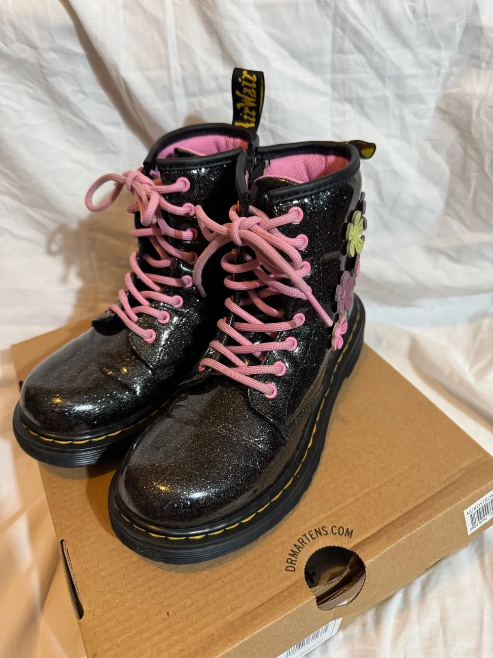 Dr. Martens Black Glitter Boots with Pink Laces and Floral Appliqués